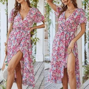 Pretty Garden Floral Wrap Midi Dress   Ruffle Short Sleeve Pink Flowers Small